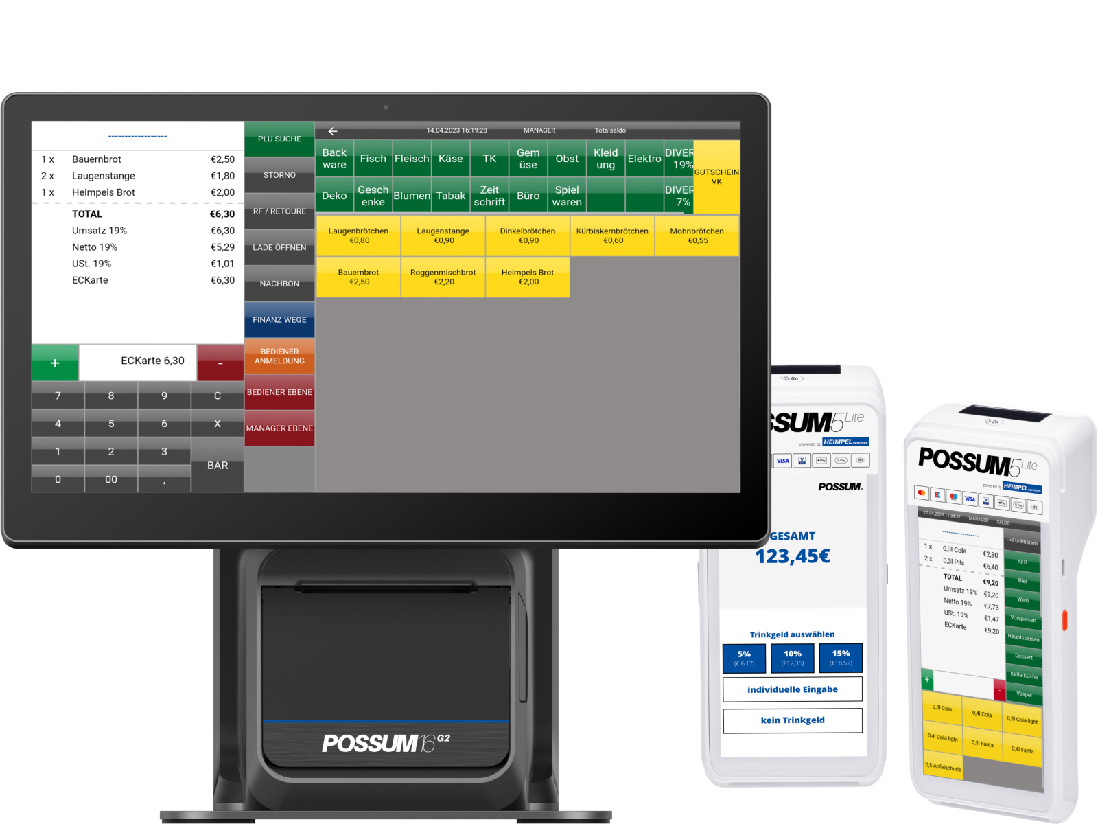 Gastronomie Kasse Verbund System POSSUM16G2 und POSSUM5 Lite mit Kartenzahlung und Trinkgeld Funktion